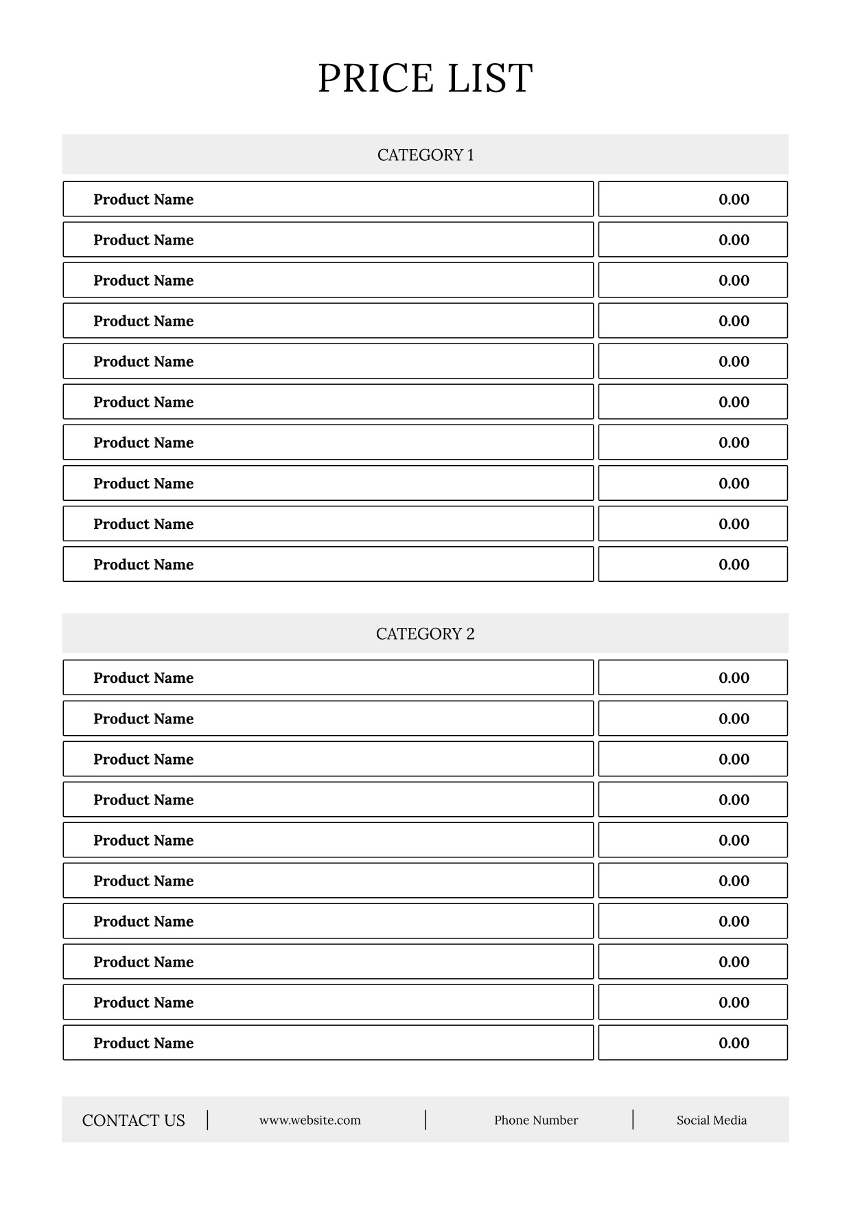 Business Price List  A4 2 Categories 10 Products