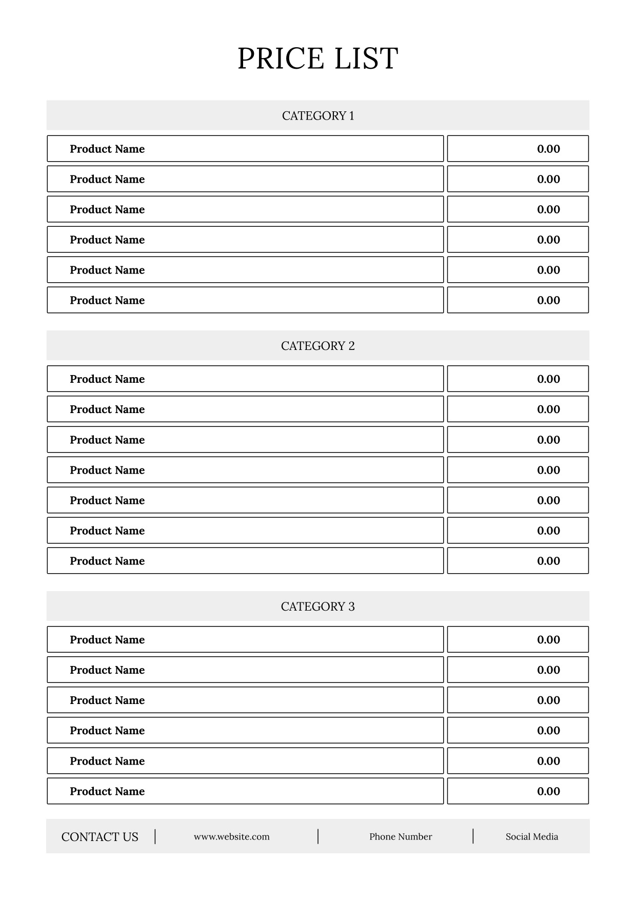 Business Price List  A4 3 Categories 6 Products