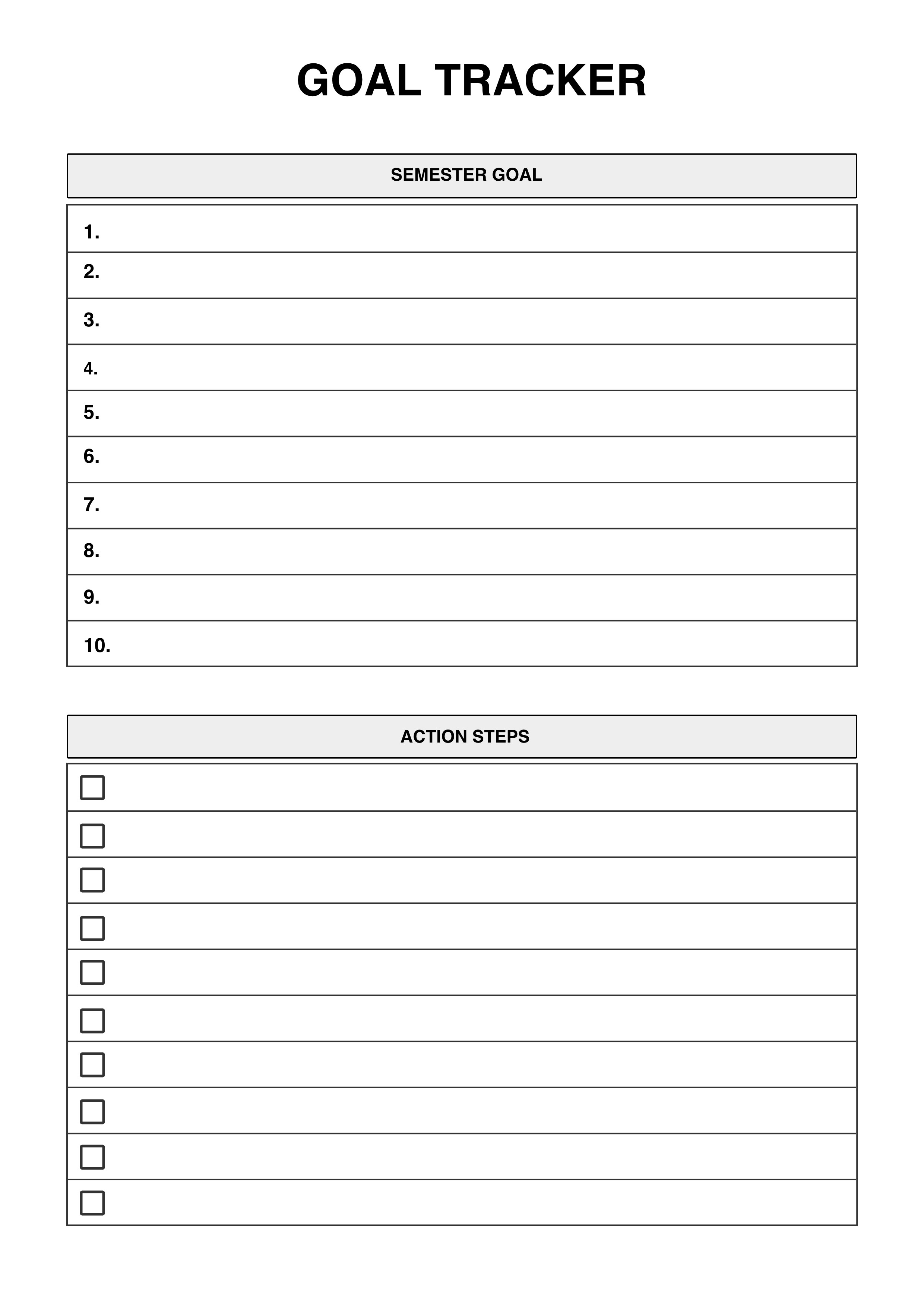 Goal Tracker with Action Steps Printable A4