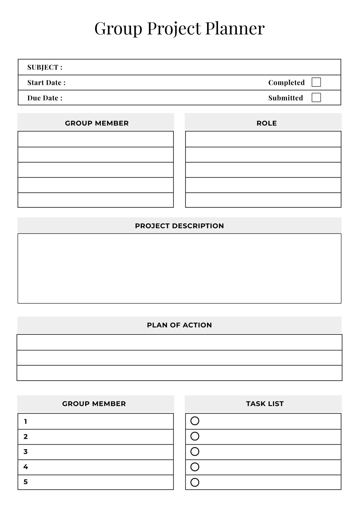 Group Project Planner A4 Printable Worksheet