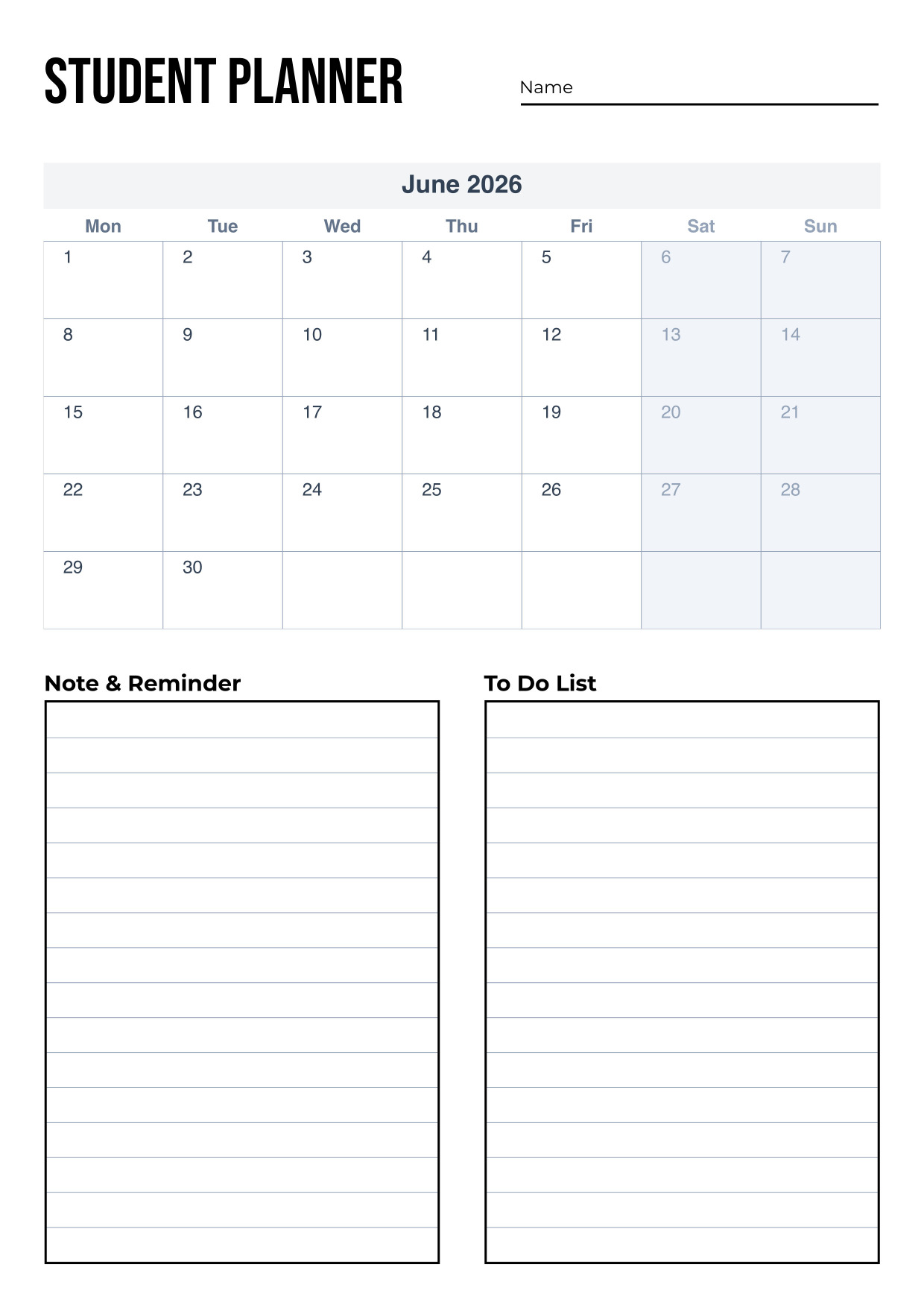student monthly planner