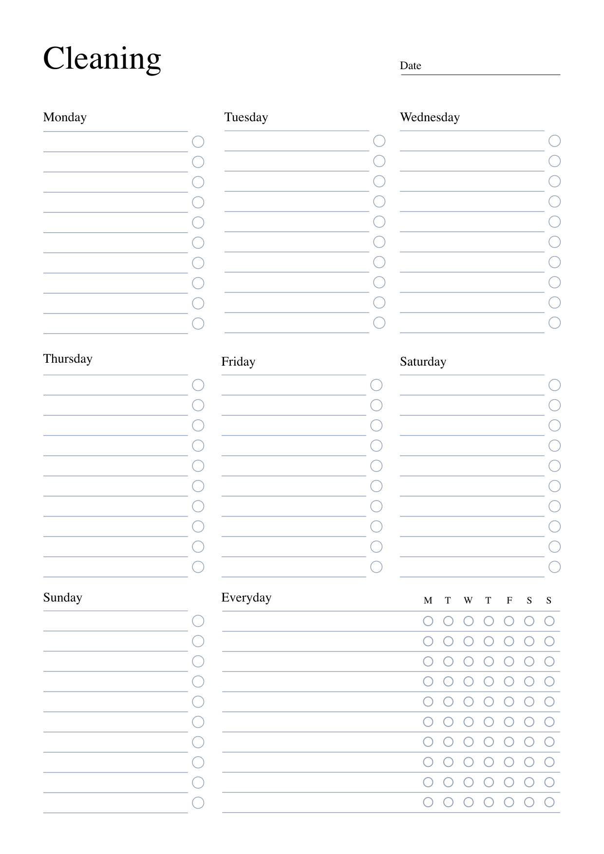 Weekly Cleaning Schedule Checklist with Daily Tasks Printable A4