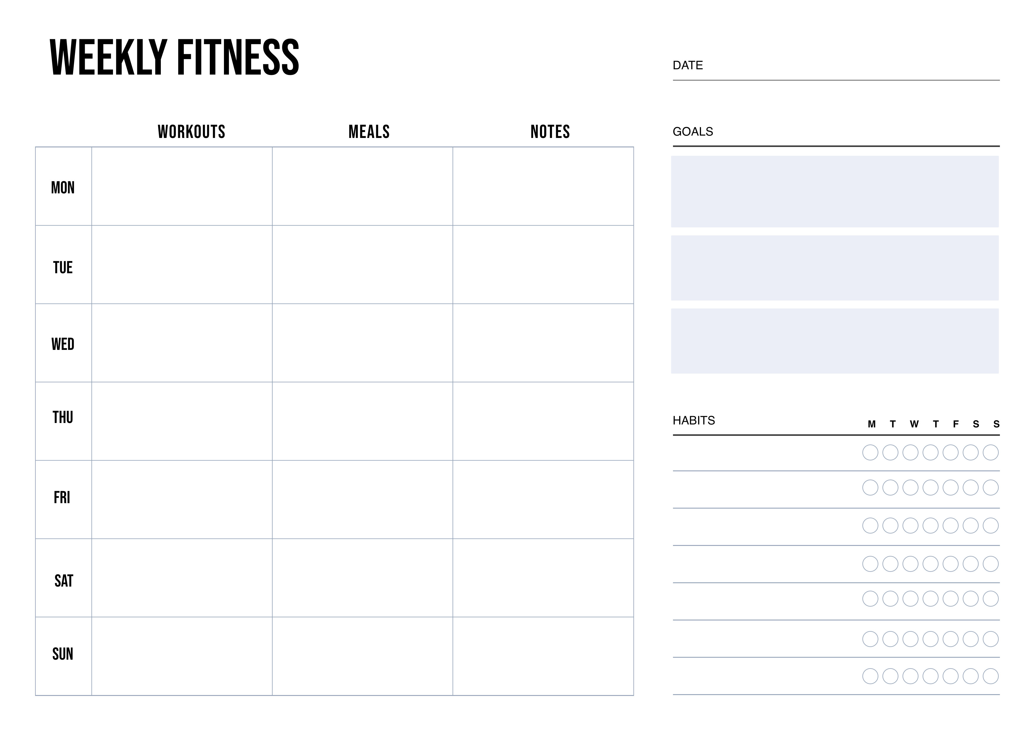 Weekly Fitness Planner with Workout, Meal, Habit & Goal Tracker A4 Landscape