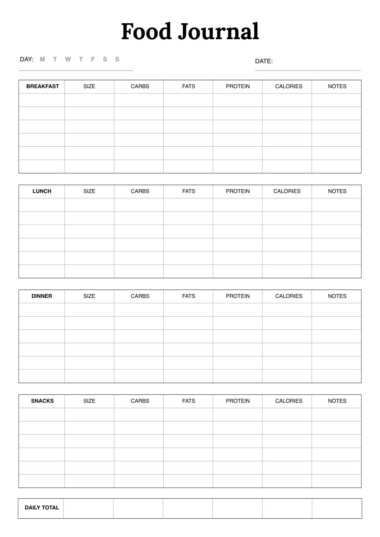 Daily Food Journal Nutrition & Meal Tracker A4