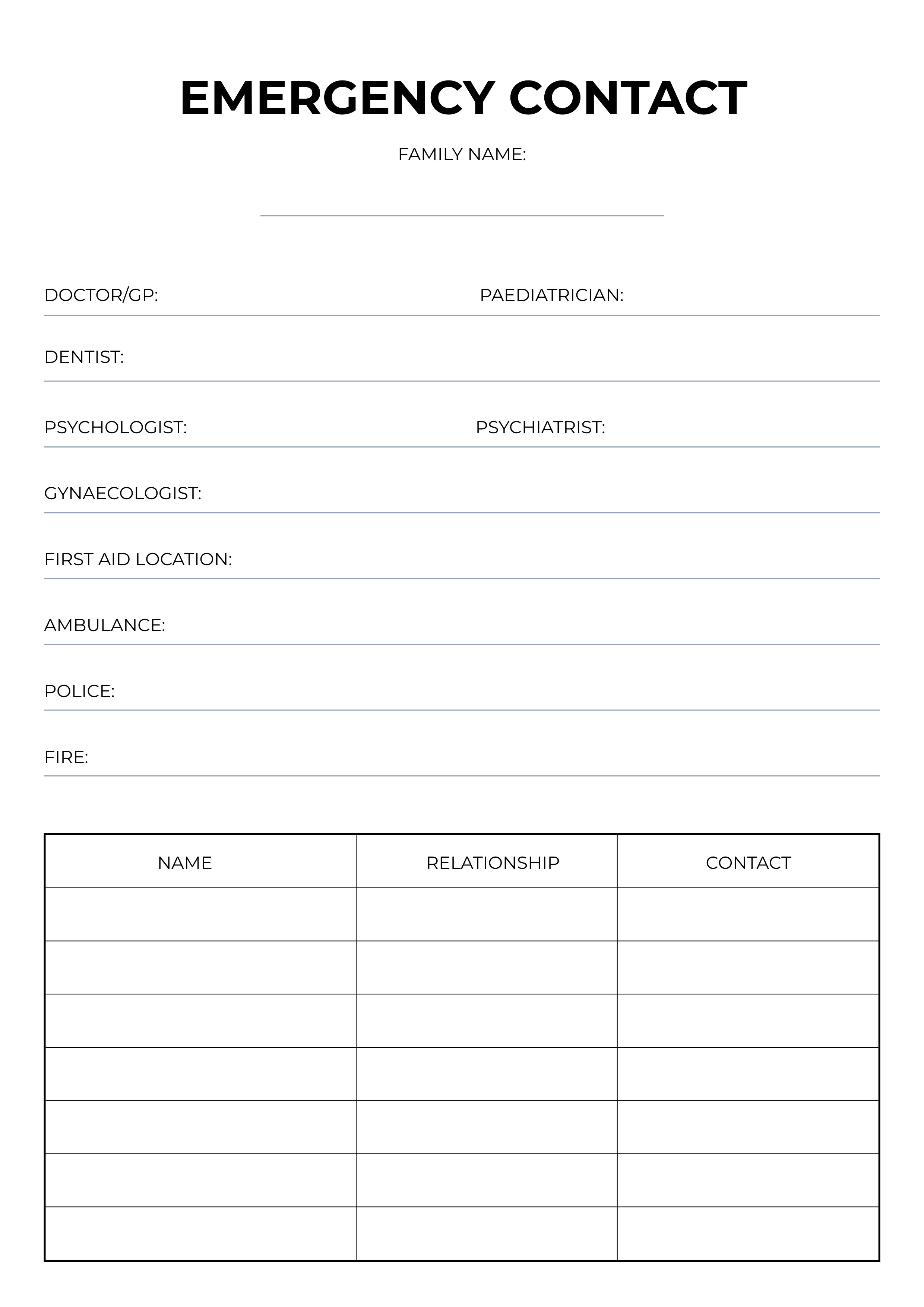family emergency contact information A4