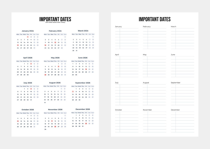 Important Dates Calendar & Yearly Notes A4