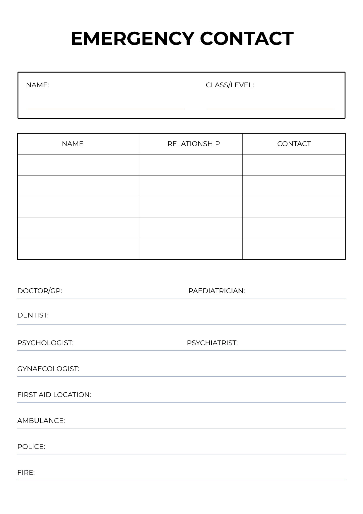 student emergency contact information A4